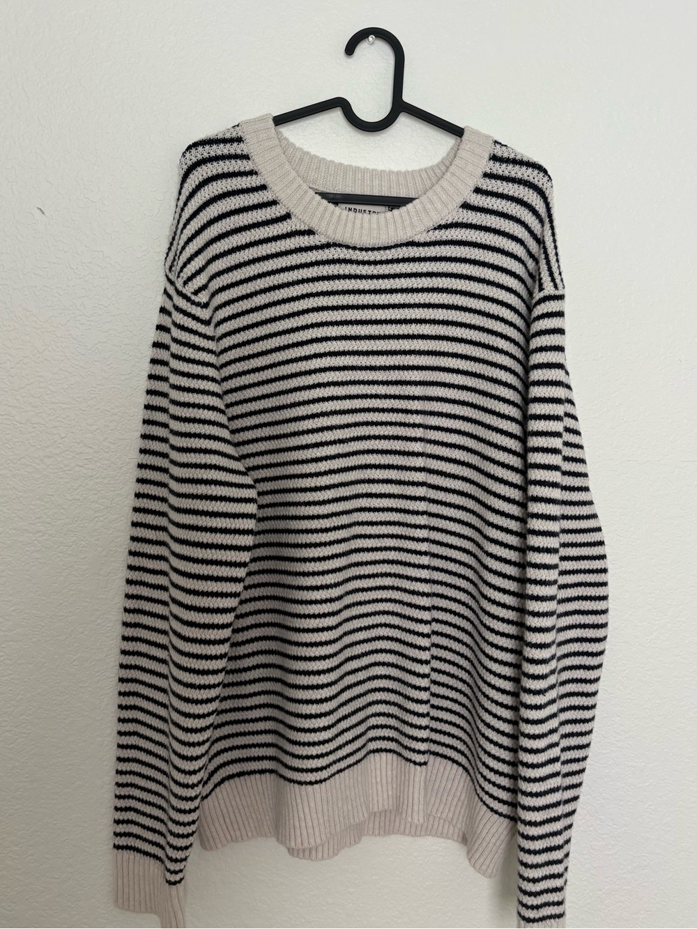 Crewneck Striped Knit Sweater in Navy and Cream